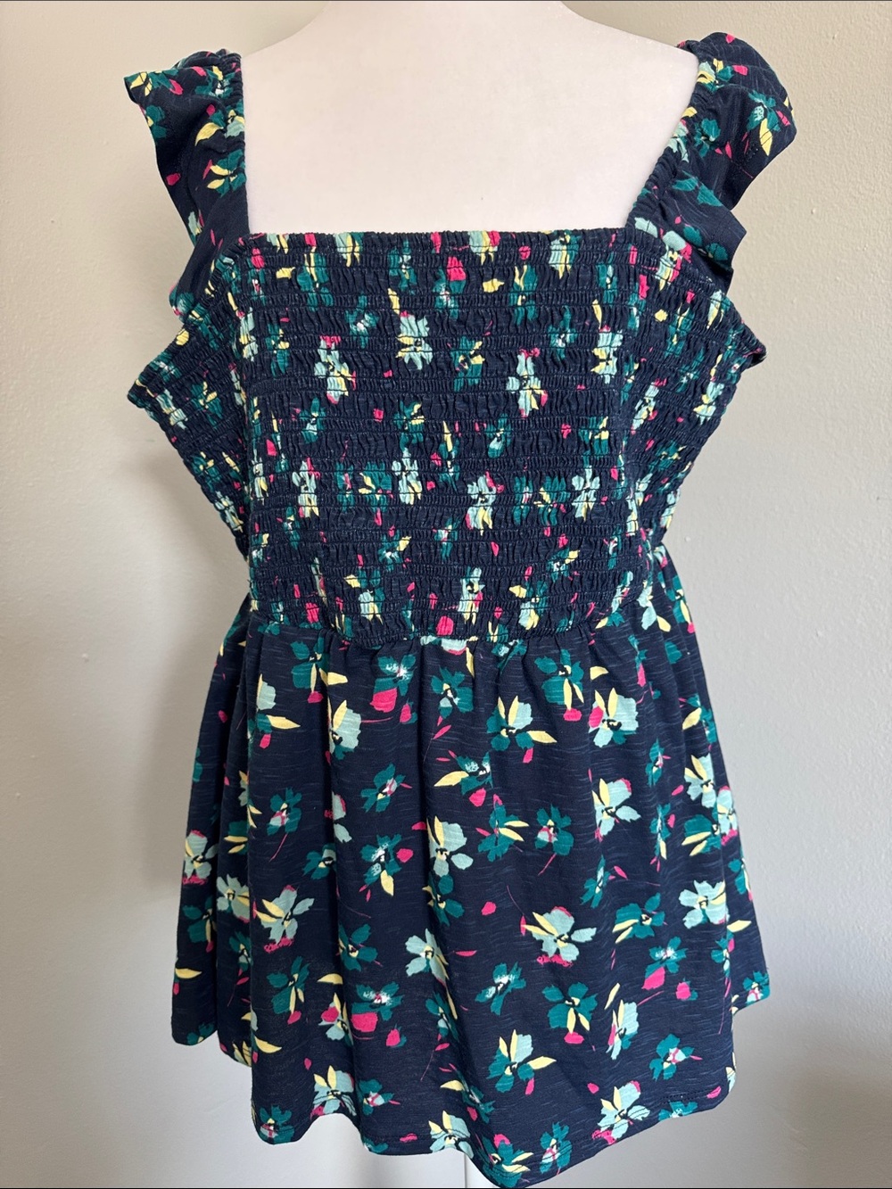 Lane Bryant 14/16 Navy Floral Smocked Tank - Navy with Teal & Pink Accents